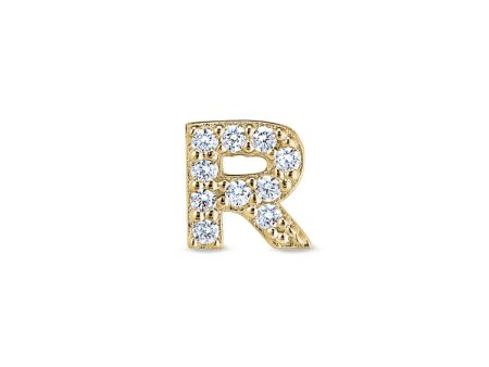 Gold Finish Sterling Silver Micropave R Initial Charm with Simulated Diamonds For Sale