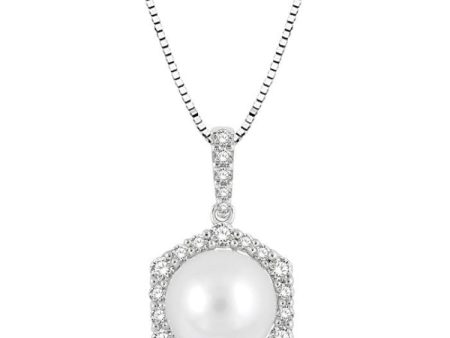 8X8MM Cultured Pearl and 1 3 Ctw Hexagon Shape Round Cut Diamond Pendant With Chain in 14K White Gold For Discount