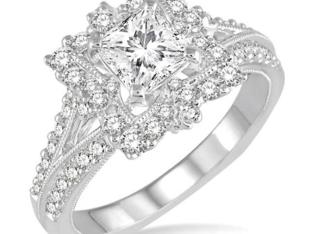 1 1 2 Ctw Diamond Engagement Ring with 3 4 Ct Princess Cut Center Stone in 14K White Gold Fashion