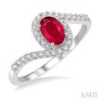 1 5 Ctw Embraced Oval Shape 6x4 MM Ruby & Round Cut Diamond Precious Ring in 10K White Gold Sale