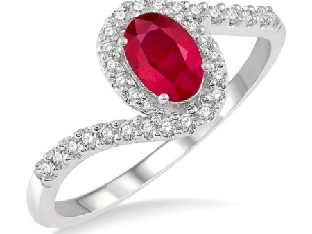 1 5 Ctw Embraced Oval Shape 6x4 MM Ruby & Round Cut Diamond Precious Ring in 10K White Gold Sale