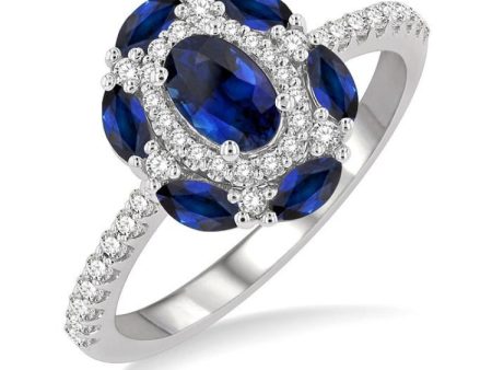 1 3 Ctw Oval 6x4 MM & Marquise 4X2 MM Sapphire and Round Cut Diamond Precious Ring in 14K White Gold Online