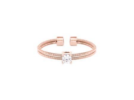 Rose Gold Finish Sterling Silver Two Cable Cuff Ring with a Solitaire Simmulated Diamond Discount