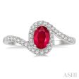 1 5 Ctw Embraced Oval Shape 6x4 MM Ruby & Round Cut Diamond Precious Ring in 10K White Gold Sale