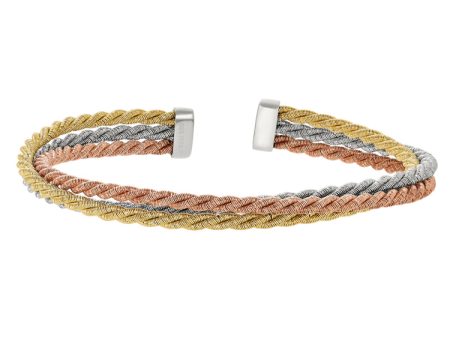 Rhodium, Rose Gold and Gold Finish Sterling Silver Three Rope Twist Cuff Bracelet Online Hot Sale