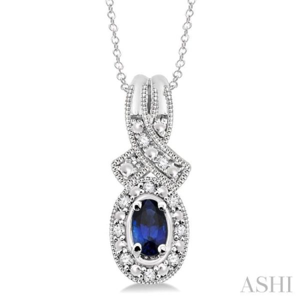 5x3 MM Oval Cut Sapphire and 1 50 Ctw Single Cut Diamond Pendant in Sterling Silver with Chain on Sale