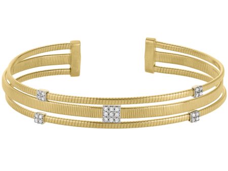 Gold Finish Sterling Silver Three Cuff Bracelet with Rhodium Finish Simulated Diamond Square and Round Fashion