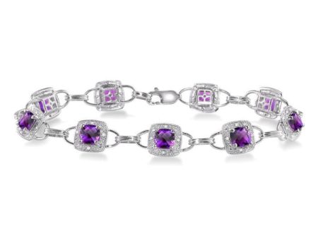 5x5 MM Cushion Shape Amethyst and 1 6 Ctw Single Cut Diamond Bracelet in 10K White Gold Hot on Sale