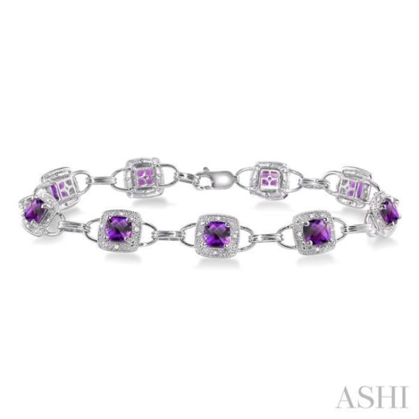 5x5 MM Cushion Shape Amethyst and 1 6 Ctw Single Cut Diamond Bracelet in 10K White Gold Hot on Sale