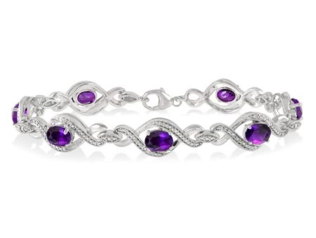 1 10 Ctw Round Cut Diamond & 7x5 MM Oval Cut Amethyst Semi Precious Bracelet in Sterling Silver Online now