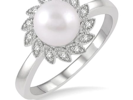 1 10 Ctw Sunflower 7x7 MM Cultured Pearl and Round Cut Diamond Ring in 10K White Gold For Cheap