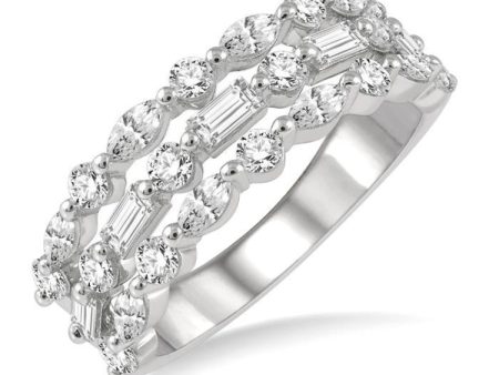 1 1 2 Ctw Triple Row Baguette, Marquise and Round Cut Diamond Fashion Band in 14K White Gold on Sale