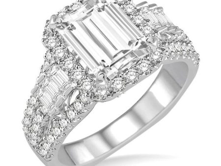 1 1 5 ctw Emerald Shape Baguette and Round Cut Diamond Semi-Mount Engagement Ring in 14K White Gold Online