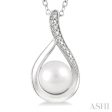 1 50 Ctw Drop Shape Round Cut Diamond & 7x7 MM Cultured Pearl Pendant With Chain in Sterling Silver Fashion