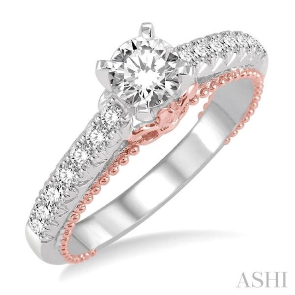 7 8 Ctw Diamond Engagement Ring with 1 2 Ct Round Cut Center Stone in 14K White and Rose Gold Online Sale