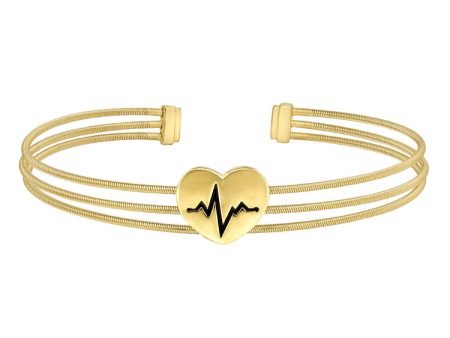 Gold Finish Sterling Silver Three Cable Cuff Bracelet with a Polished Heart with a Heartbeat Design. Online now