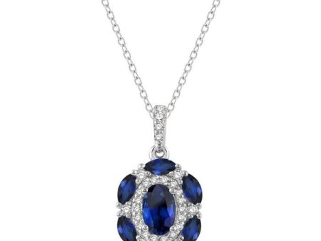 1 6 Ctw Oval 6x4 MM & Marquise 4x2 MM Sapphire and Round Cut Diamond Precious Pendant With Chain in 14K White Gold Cheap