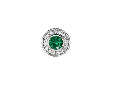 Platinum Finish Sterling Silver Micropave Round Simulated Emerald Charm with Simulated Diamonds For Cheap