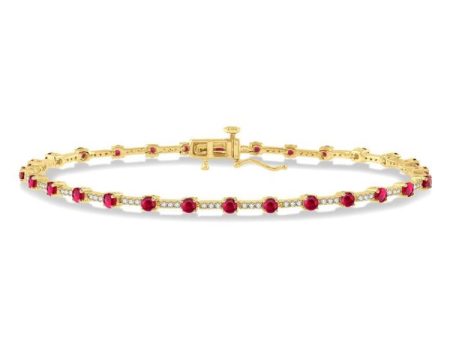 1 2 Ctw Round Cut Diamond & 2.5MM Ruby Precious Bracelet in 10K Yellow Gold For Discount