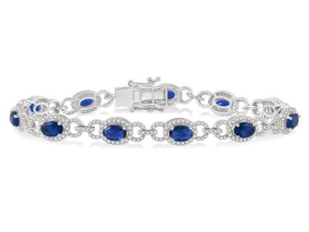 1 3 4 Ctw Round Cut Diamond & 6x4 MM Oval Cut Sapphire Precious Bracelet in 14K White Gold Fashion