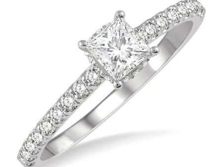 1 2 Ctw Round Cut Diamond Engagement Ring With 1 4 ct Princess Cut Center Stone in 14K White Gold Online now