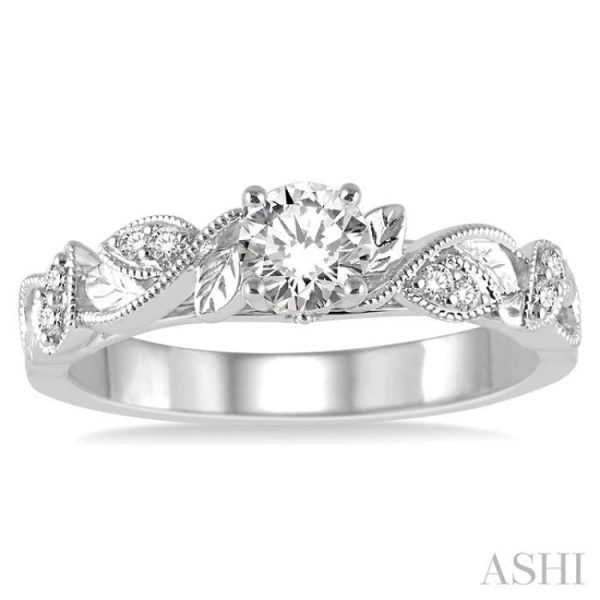 1 10 Ctw Round Semi-Mount Leaf Motif Engagement Ring in 14K White Gold on Sale