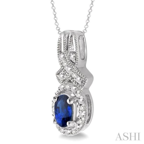 5x3 MM Oval Cut Sapphire and 1 50 Ctw Single Cut Diamond Pendant in Sterling Silver with Chain on Sale