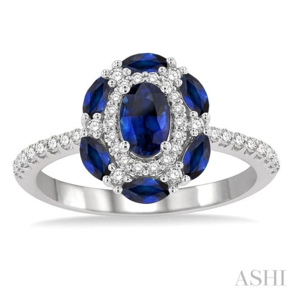 1 3 Ctw Oval 6x4 MM & Marquise 4X2 MM Sapphire and Round Cut Diamond Precious Ring in 14K White Gold Online