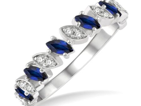 1 10 Ctw Marquise Shape 4x2 MM Sapphire and Round Cut Diamond Precious Band in 14K White Gold Sale