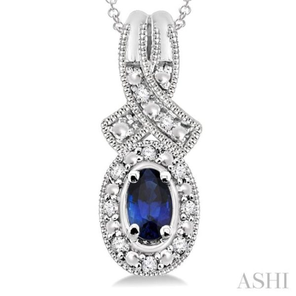 5x3 MM Oval Cut Sapphire and 1 50 Ctw Single Cut Diamond Pendant in Sterling Silver with Chain on Sale