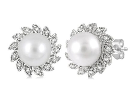 1 10 Ctw Sunflower 6x6 MM Cultured Pearls and Round Cut Diamond Earrings in 10K White Gold Fashion