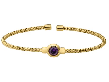 Gold Finish Sterling Silver Rounded Box Link Cuff Bracelet with Bezel Set Simulated Amethyst Birth Gem Online