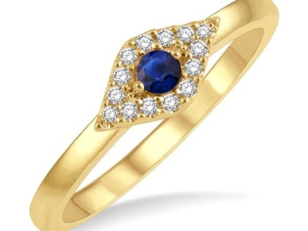 1 10 Ctw Evil Eye Round Cut Diamond & 2.60 MM Sapphire Precious Ring in 10K Yellow Gold For Sale