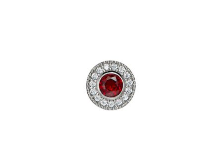 Platinum Finish Sterling Silver Micropave Round Simulated Garnet Charm with Simulated Diamonds Fashion