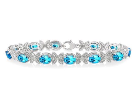 1 10 Ctw Round Cut Diamond & 7x5 MM Oval Cut Blue Topaz Semi Precious Bracelet in Sterling Silver Hot on Sale