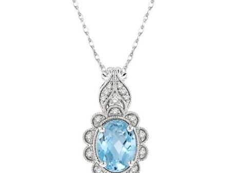 1 10 Ctw Floral 8x6 MM Oval Cut Aquamarine and Round Cut Diamond Semi Precious Pendant With Chain in 10K White Gold Online