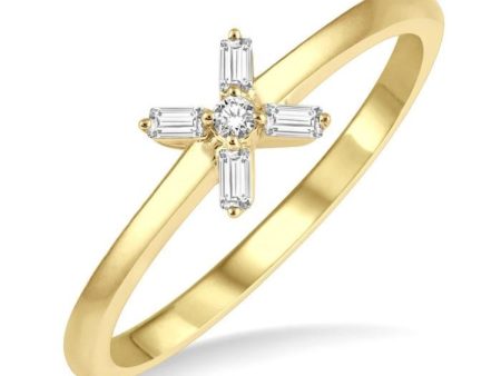 1 10 Ctw Cross Baguette and Round Cut Diamond Petite Fashion Ring in 10K Yellow Gold Fashion